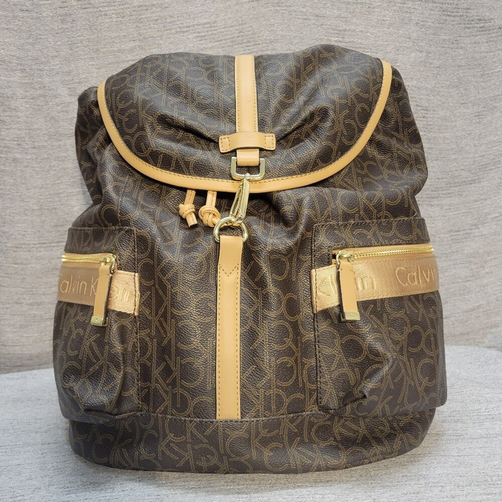 Calvin Klein Backpack Monogram Logo CK Print Drawstring Flap Bag